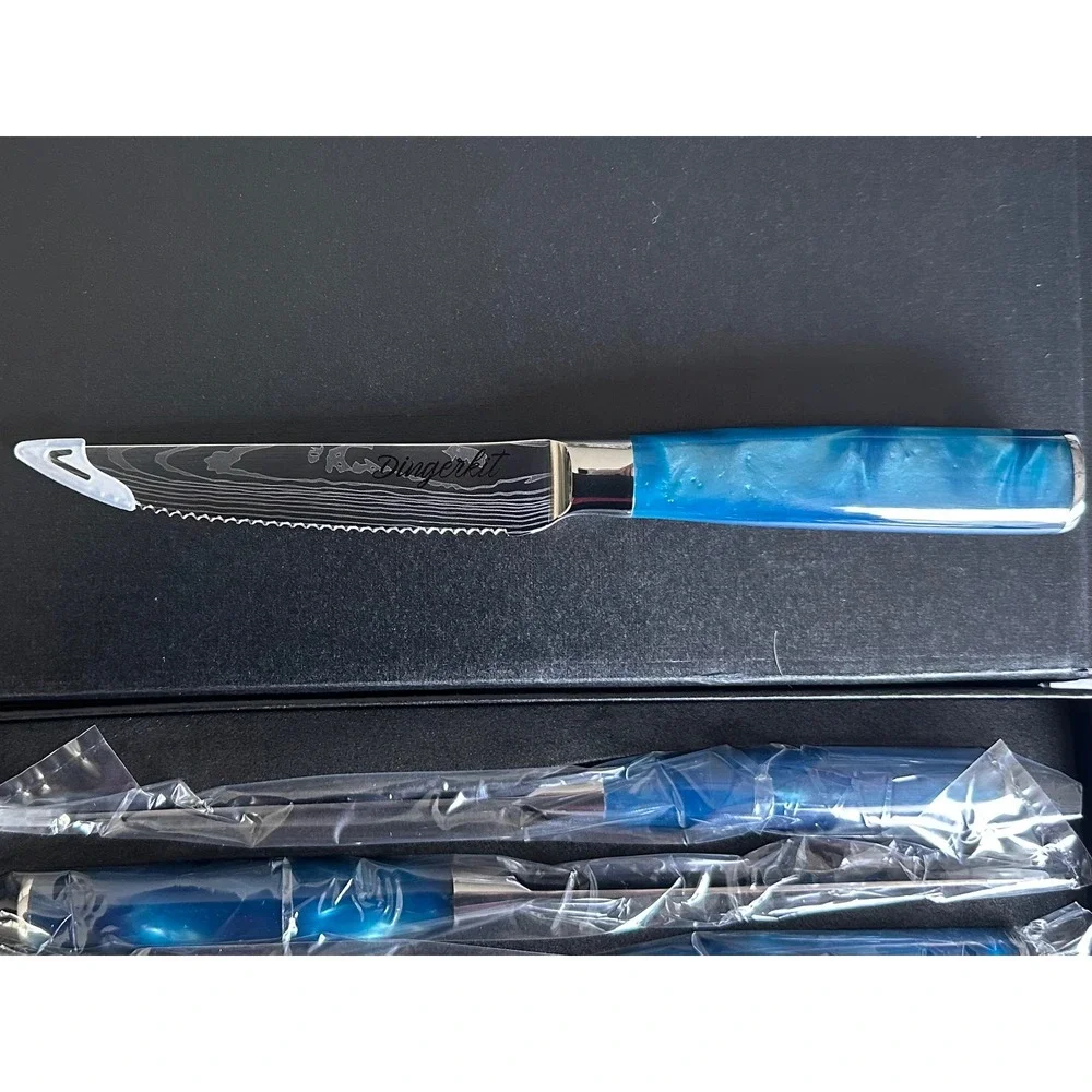 Dingerkit 6 Piece Steak Knife Set Blue Resin Handle Damascus Pattern Stainless